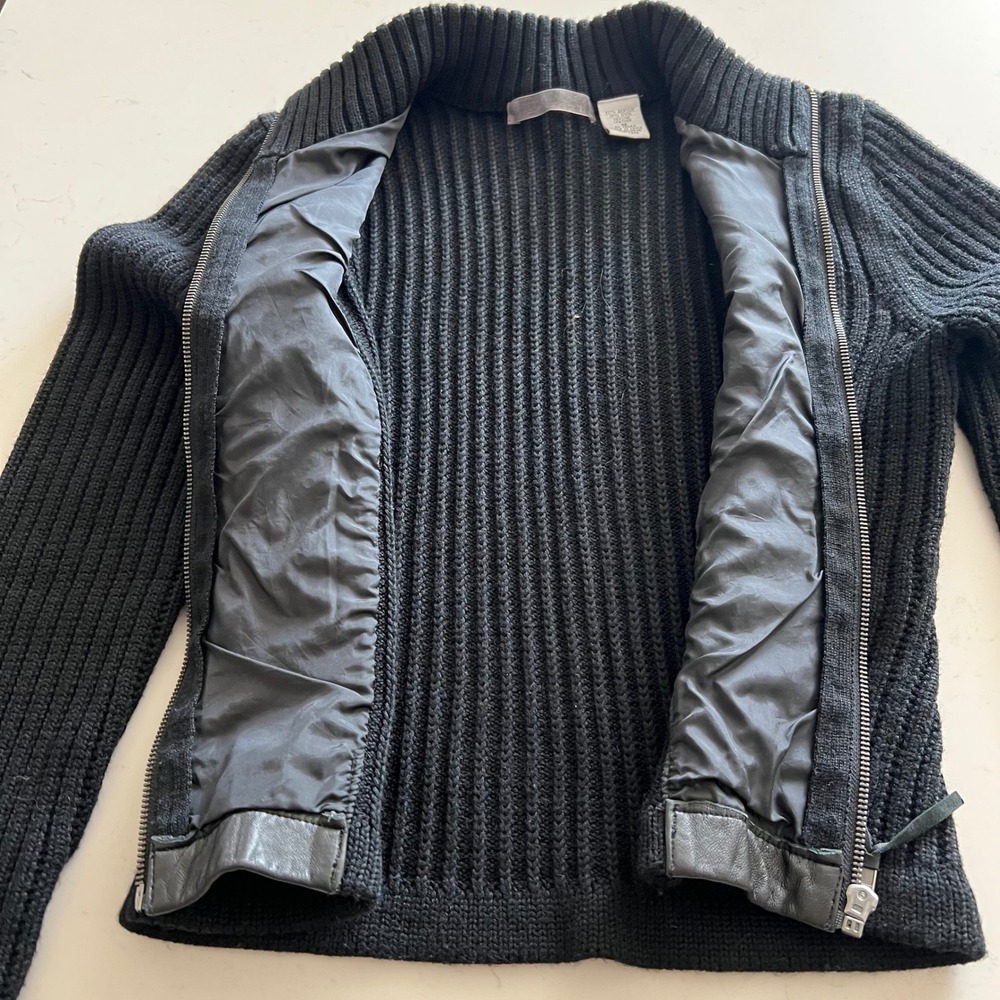 Lucidity Black Wool Blend Grommet Leather Front Zip Ribbed Cardigan Sweater M - Picture 5 of 7